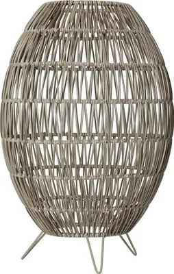 A close-up shot of a beige woven lampshade on a white background.
