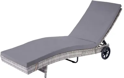 A gray rattan sun lounger with a dark gray cushion, shown on a white background.