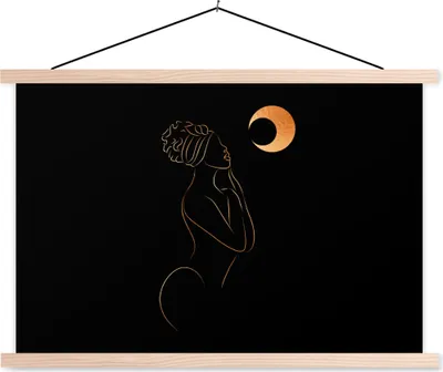 Produktbild von MuchoWow® Textilposter Frau - Mond - Gold - Strichzeichnung 120x80 cm mit holzfarbenen Rahmen - Aufhängeset