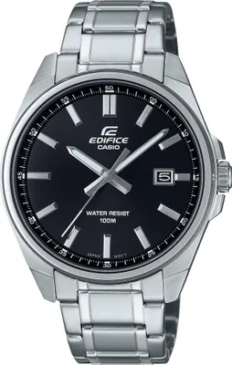 A close-up studio shot of a silver and black Casio Edifice watch.