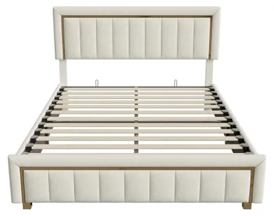 Produktbild von Polsterbett - Doppelbett 160×200 cm - Hydraulischer Bettkasten - Samtbezug - Metall-Lattenrost - Beige
