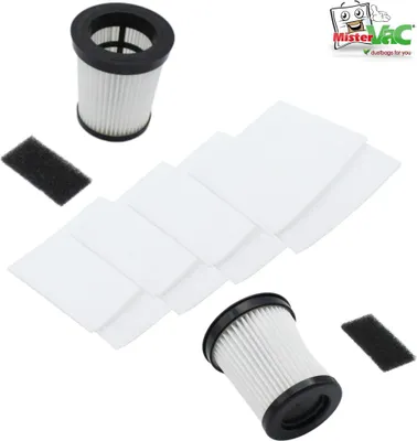 A collection of vacuum cleaner filters and filter material on a white background.