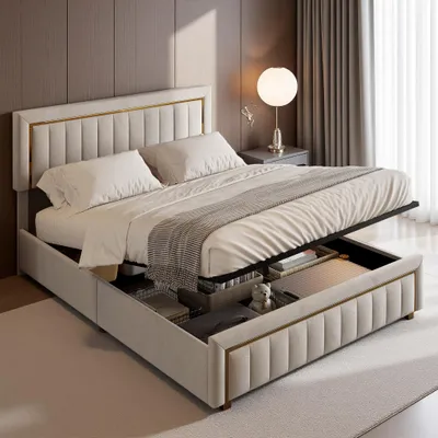 Produktbild von INONEFT Polsterbett 180x200 mit Stauraum, Doppelbett mit Hydraulisches Bettkasten und Verstellbares Kopfteil, Jugendbett, Samt, ohne Matratze, Beige