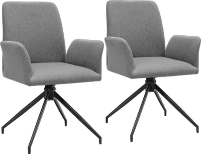 Two gray upholstered armchairs with black metal bases are shown against a white background.