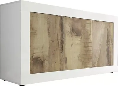 Image de Buffet 3 portes, collection ISORA, coloris blanc et chêne clair, idéal pour votre salon ou salle à manger