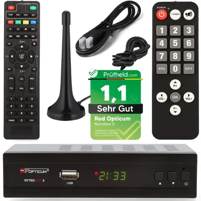 Produktbild von DVB-T2 Receiver mit PVR Aufnahmefunktion + DVB-T Antenne + Senior Fernbedienung, Opticum Nytrobox X im SET für DVB T & DVB T2 HD Fernsehen und Radio HDMI SCART USB
