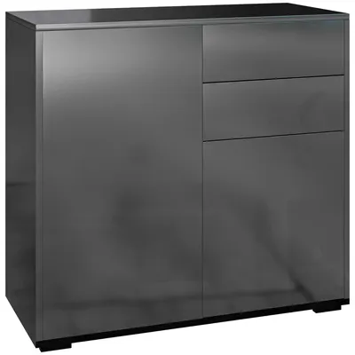 Image de Commode - Buffet en plastique - 2 tiroirs, 2 portes - Système d'ouverture par pression - 79 x 36 x 74 cm - Noir brillant