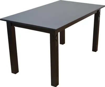 A dark-colored dining table with four legs, shown from a slightly elevated angle against a white background.