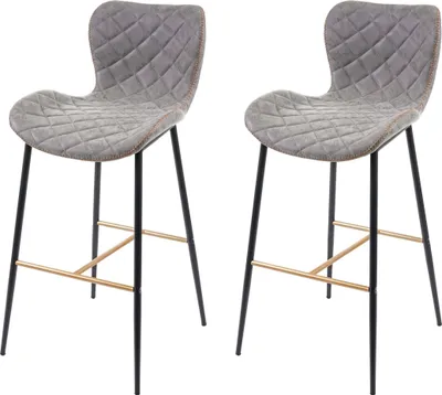 Two gray bar stools with gold footrests and black legs are shown against a white background.
