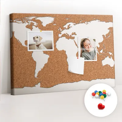 Obrázek produktu pro Korková nástěnka s kolíčky - Tabule s kolíky pro fotografie a poznámky - 60x40 cm - Připínáčky barevné 100 kusů -