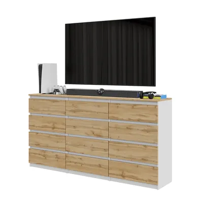 Immagine prodotto di Grande mobile TV / credenza GABRIEL con 12 cassetti – 180 cm – Bianco opaco / Rovere Wotan – Moderna cassettiera per il soggiorno