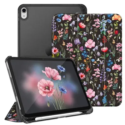 Produktbild von Fintie Hülle für iPad (A16) 11./10. Generation (2025/2022) mit Stifthalter – ultradünne, leichte Schutzhülle mit Hart-PC, Transparente Rückseite, Schwarz Blumen