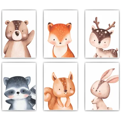 Produktbild von Waldtiere 6er Set Kinderzimmer Bilder DIN A4 Wandbilder Deko Babyzimmer Poster - Bär Fuchs Reh Waschbär Eichhörnchen Hase