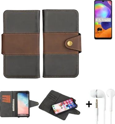 Produktbild von K-S-Trade Handyhülle Schutzhülle Bookstyle Wallet-Case kompatibel mit Samsung Galaxy A31 + earphones Bumper rundumschutz schwarz-braun 1x
