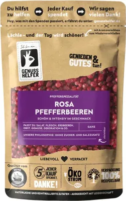 A pouch of pink peppercorns with prominent branding and product information.