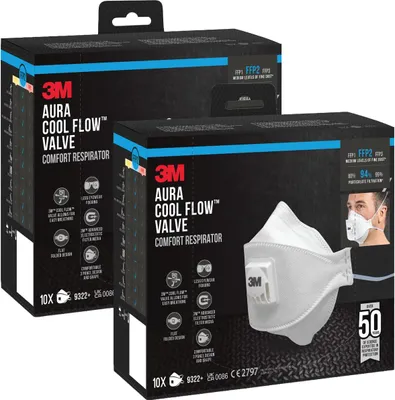 Produktbild von 3M™ Aura™ Comfort Cool Flow™ Partikelmaske 9322+ FFP2 mit Ventil - 2 x 10er Pack
