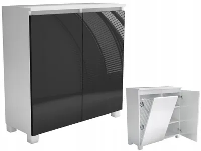Zdjęcie produktu dla komoda łazienkowa 80 80cm z koszem i półkami czarny połysk stojąca wisząca