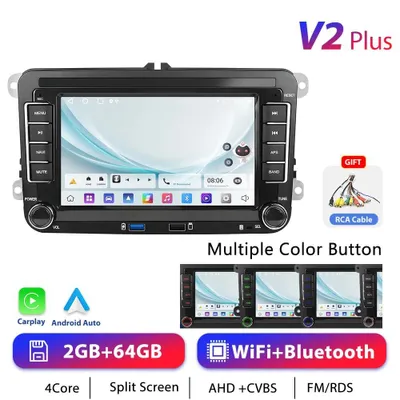 Image de Autoradio Android - 2-DIN - CarPlay GPS - Android 13 - Écran tactile de 17,8 cm - 2 Go de RAM, 64 Go de mémoire - 2 ports USB - Commandes au volant