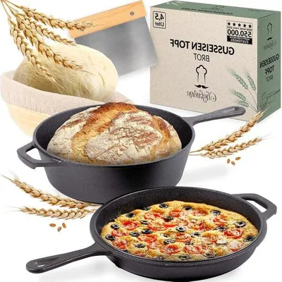 Produktbild von Famanu Gusseisenpfanne 26 cm - 2-in-1 Brat- und Brotbackpfanne mit Deckel