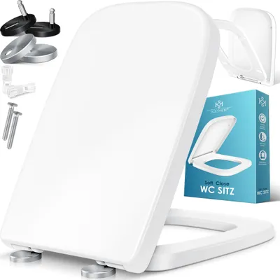 A white toilet seat with its accessories and packaging is displayed against a white background.