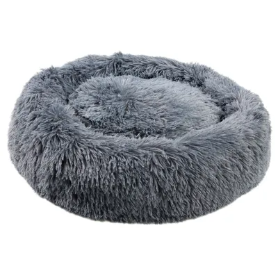 A round, fluffy pet bed in a dark gray color, shown from a slightly elevated angle against a white background.