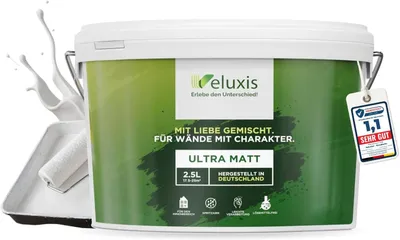 Produktbild von Wandfarbe Weiß Matt Innenfarbe – Deckkraft Klasse 1, VOC-frei, Ohne Grundierung, Tropfarm – Wohnzimmer & Schlafzimmer – 2,5L – Veluxis (Pure White)