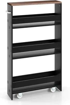 Produktbild von GOPLUS Nischenregal mit Rollen, 4 Ebenen Regalwagen mit Griff, Küchenschrank Badregal Rollregal für Küche Bad, Wäsche (Schwarz + Braun)