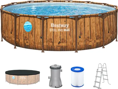 Produktbild von Bestway® Steel Pro MAX™ Splashview™ Frame Pool Komplett-Set mit Filterpumpe Ø 427 x 107 cm, Holz-Optik (Pinie), rund