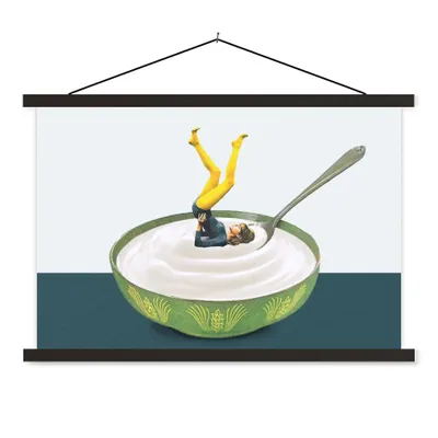 Produktbild von MuchoWow® Textilposter Joghurt - Yoga - Retro 150x100 cm mit schwarzem Rahmen - Schlafzimmer