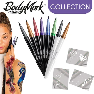 Produktbild von BodyMark by BIC, temporäre Tattoos in 8 Farben, Pinsel & feine Spitze, geruchsarme & schnell trocknende Tattoo Stifte für die Haut mit 3 Schablonen