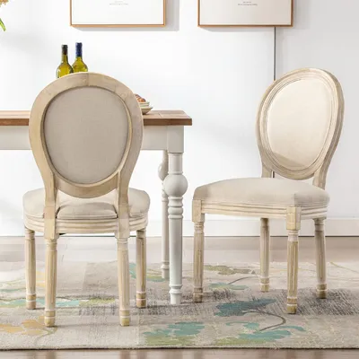 Image de Lot de 2 Chaises de Salle à Manger, Tissu Lin Gris Style Louis XVI Français, Dossier Ovale et Assise Rembourrée pour Salon Cuisine Restaurant