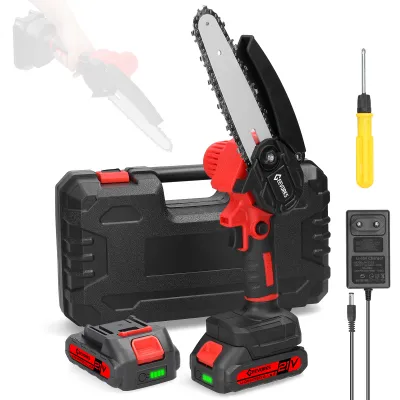 Produktbild von Mini Kettensäge, 6 Zoll 21V Elektro-Kettensäge mit 2x Batterie 1x Kette 1x Führungsplatte 1x Ladegerät und 1x Aufbewahrungsbox, Tragbare Handgeführte Akku Kettensäge