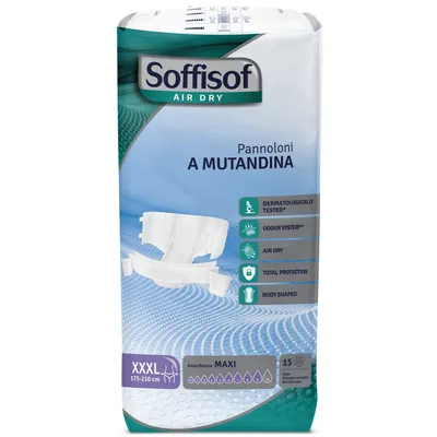 Immagine prodotto di 15x Soffisof Air Dry Maxi XXXL – Pannoloni per Anziani e adulti – 1 confezione da 15 Pannoloni con adesivi, 9 gocce