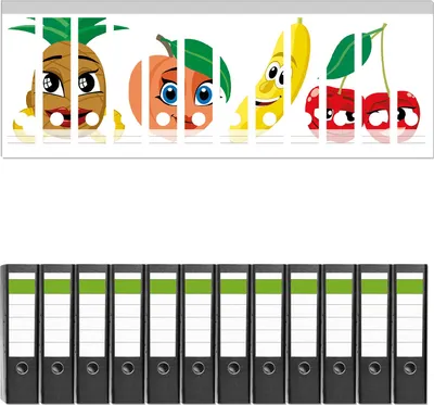 Produktbild von Wallario 12 Stück breite Ordner inkl. Klebeetiketten mit Motive Obst-Smilies im Comic-Stil - Lustige Früchte -  Set mit Rückenschildern / Ordnerrücken Stickern