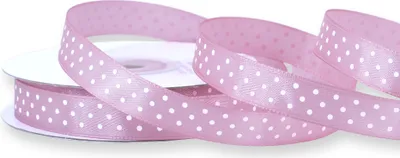 Einseitig glänzendes, weiß gepunktetes rosanes Satinband auf Rolle. Perfekt für Bastelprojekte und Geschenkverpackungen