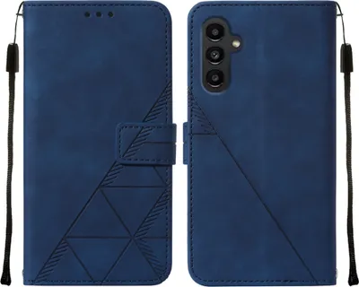 A blue flip leather phone case with a geometric pattern is shown from the front and back.