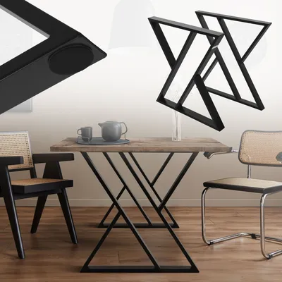 A dining table with black metal legs and a wooden top, set with a teapot and cups. Two chairs are visible, one black and one chrome with cane seating. Two additional table legs are shown in the upper right corner.