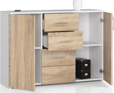 Immagine prodotto di Cassettiera con 4 cassetti e 2 ante, 110x80x35, soggiorno, bianco/rovere Sonoma