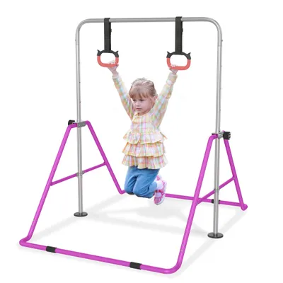 Obrázok produktu pre JOIEYOU horizontálna tyč gymnastická tyč vnútorné gymnastické vybavenie gymnastická tyč pre domácnosť výškovo nastaviteľná s 2 gymnastickými krúžkami skladacia gymnastická tyč horizontálna tyč na gymnastický tréning, fialová