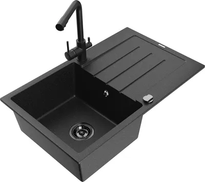 Produktbild von Mexen Bruno 1 Becken-Granitspüle mit Abtropffläche und Mischbatterie Duero, Schwarz/Silbermetallic - 6513-73-671600-70-B
