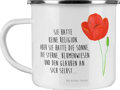 Produktbild von Mr. & Mrs. Panda Emaille Becher Blume Mohnblume - Weiß - Geschenk, Tasse, Mohn, Respekt, Pott, Teetasse, Reisebecher, Religion, Selbstliebe, Kaffeepott, Garten, Glaube