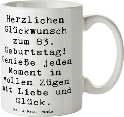 Produktbild von Mr. & Mrs. Panda Teetasse Spruch 83. Geburtstag Liebe Glück - Weiß - Geschenk, Geburtstagsfeier 83 Jahre, Tasse, Freude und Harmonie, Geburtstagsgeschenk, feiern, Pott
