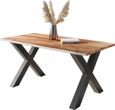Produktbild von Baumkantentisch Akazie mit schwarzen Resin-Adern naturfarben 140 x 80 cm X-Gestell schwarz POLLY