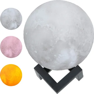 A main product image showing a moon lamp on a stand, with three smaller circular images of the same lamp in different colors (grey, pink, orange) to the left.