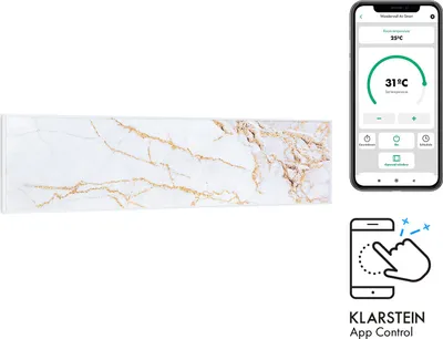 A product image showing a marble-patterned infrared heater and a smartphone displaying a control app.
