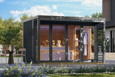 Produktbild von Karibu Saunahaus Außensauna Gartensauna Ares 4 anthrazit lackiert Ofen 9 KW externe Strg easy 38mm Massivholz 359x276x232 cm