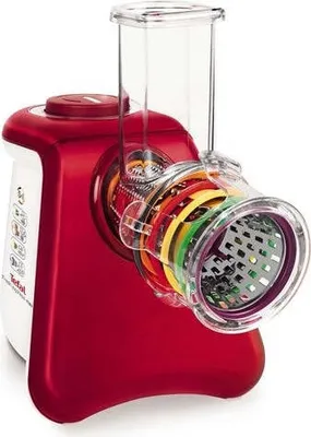 A red and white electric grater with multiple colored attachments is shown against a white background.