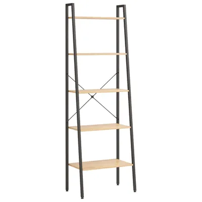 A tall, narrow bookshelf with five shelves, made of light brown wood and black metal.