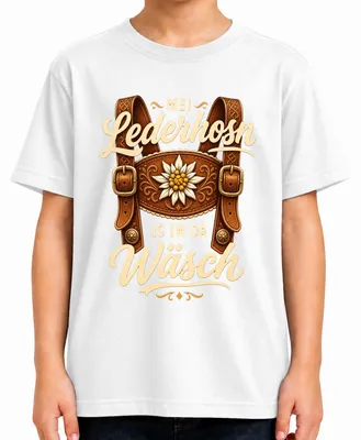 Obrázek produktu pro Tričko s motivem Oktoberfestu od značky Mei Lederhosn, kolekce "Trachtenshirt Lederhose Kinder", bílé barvy, velikost 104