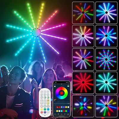 People dancing at a party with LED light strips creating a starburst effect.